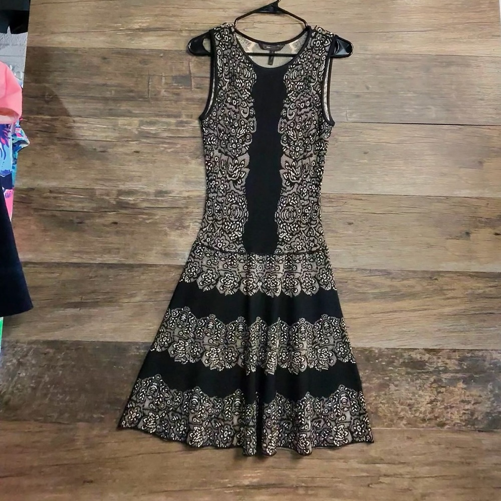 BCBGMaxAzria Black and Tan Ornate Midi Dress
